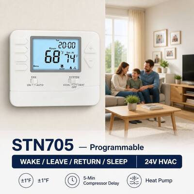 Blue Backlight Color Wired programmable thermostat including AUTO Fan Operation Mode optimized for heating and cooling system management