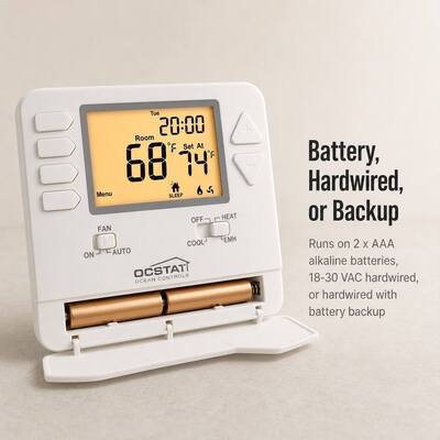 24V C Terminal Designations Heat Pump Non-programmable Mutil Stage Battery-operated Thermostat EMHEAT System Operation Mode 1 Amp Per Terminal Load Rating Ideal for HVAC Control