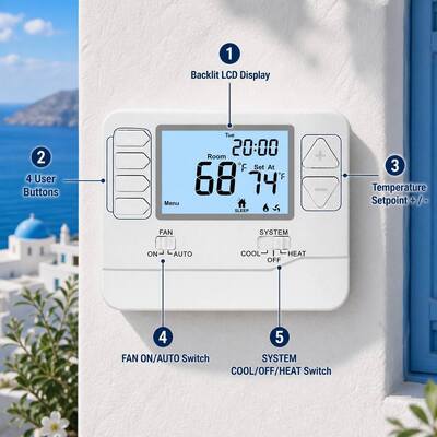 24V Μεγάλη οθόνη LCD Ελεγκτής θερμοκρασίας HVAC Ενσύρματο θερμοστάτης 7 ημερών 2 Θέρμανση 2 Ψύξη Τροφοδοσία μπαταρίας