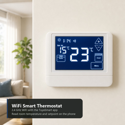 24V LCD φως πίσω 2 HEAT 2 COOL Ηλεκτρονικό δωμάτιο WIFI Smart TUYA Εικονική οθόνη θερμοστάτη 4H 2C Θερμο αντλία με ή χωρίς λειτουργία βοηθητικής ή έκτακτης ανάγκης θερμότητας